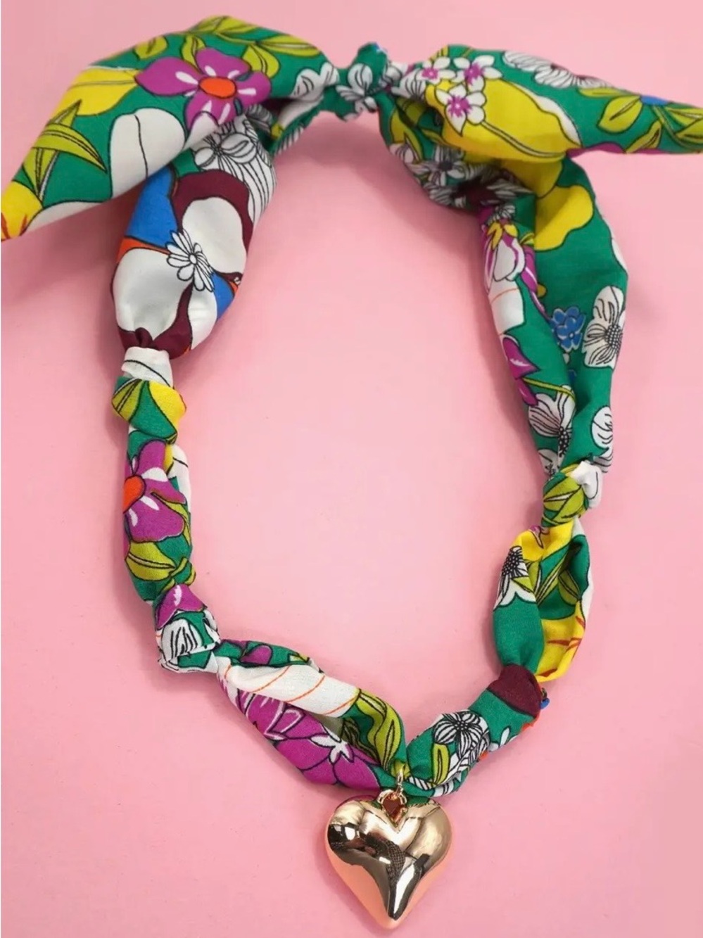 Floral Green & Yellow Silk Scarf Necklace with Gold Heart Charm